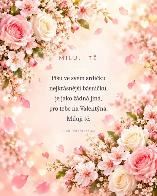 Báseň z mého srdce — valentýnské přání, růžové růže a třešňové květy s padajícími okvětními lístky