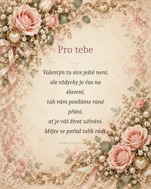 Brzké přání k Valentýnu — valentýnské přání, vintage růže, krajka a perly na starorůžovém papíře