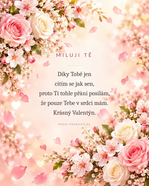 Cítím se jak sen — valentýnské přání, růžové růže a třešňové květy s padajícími okvětními lístky