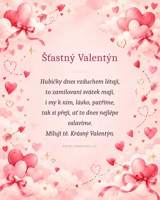 Den hubiček — valentýnské přání, akvarelová srdíčka, mašle a šípy v růžových oblacích
