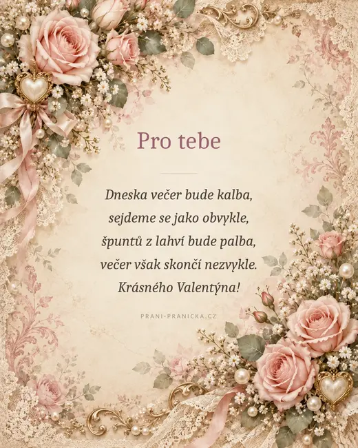 Bude kalba — valentýnské přání, vintage růže, krajka a perly na starorůžovém papíře