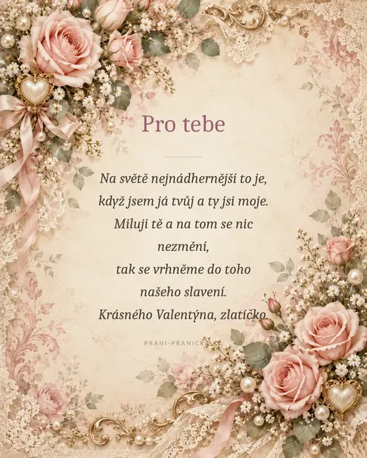 Je to nejnádhernější — valentýnské přání, vintage růže, krajka a perly na starorůžovém papíře