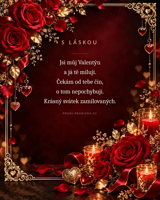 Jsi můj Valentýn — valentýnské přání, rudé růže, zlatý rámeček a svíce na vínovém pozadí