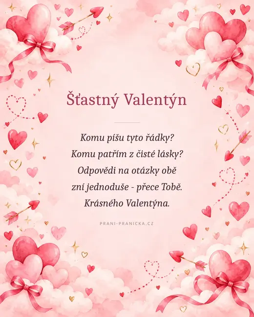 Komu píšu tyto řádky? — valentýnské přání, akvarelová srdíčka, mašle a šípy v růžových oblacích
