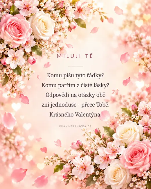 Komu píšu tyto řádky? — valentýnské přání, růžové růže a třešňové květy s padajícími okvětními lístky