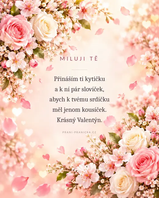 Kytička a slovíčka — valentýnské přání, růžové růže a třešňové květy s padajícími okvětními lístky