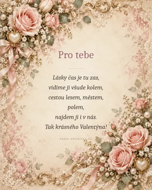 Lásky čas je tu zas — valentýnské přání, vintage růže, krajka a perly na starorůžovém papíře