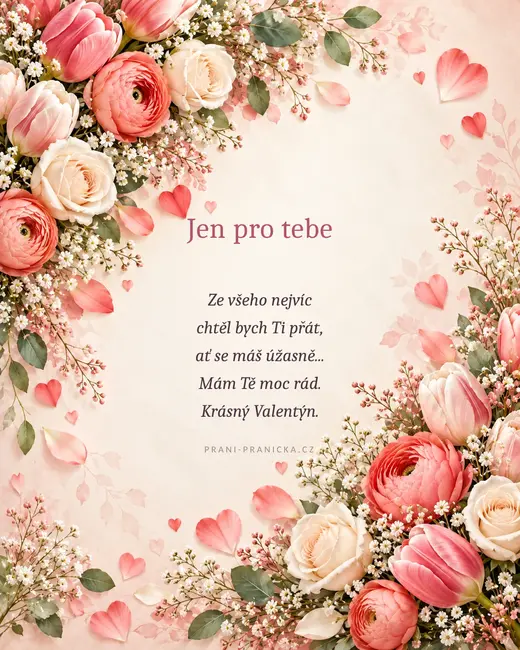 Měj se úžasně — valentýnské přání, tulipány, pryskyřníky a krémové růže se srdíčky