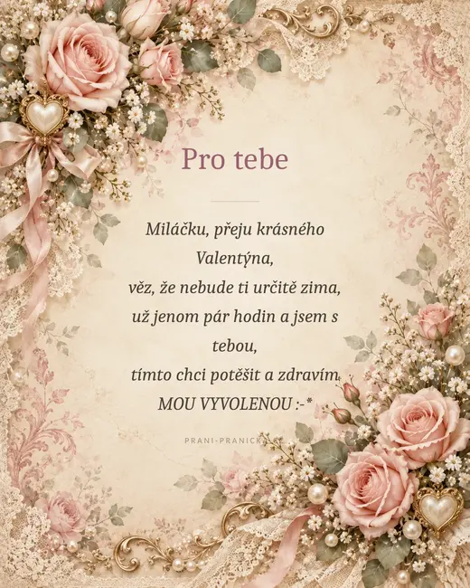 Miláčku, přeju krásného Valentýna — valentýnské přání, vintage růže, krajka a perly na starorůžovém papíře