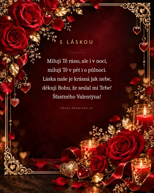 Miluji Tě ráno, ale i v noci — valentýnské přání, rudé růže, zlatý rámeček a svíce na vínovém pozadí