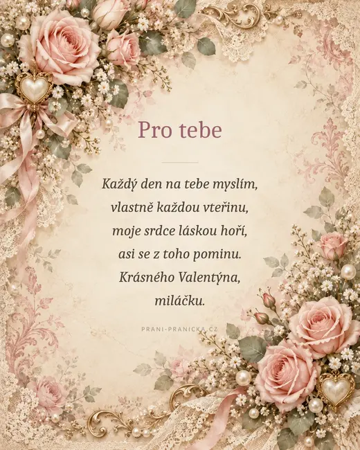 Moje srdce láskou hoří — valentýnské přání, vintage růže, krajka a perly na starorůžovém papíře