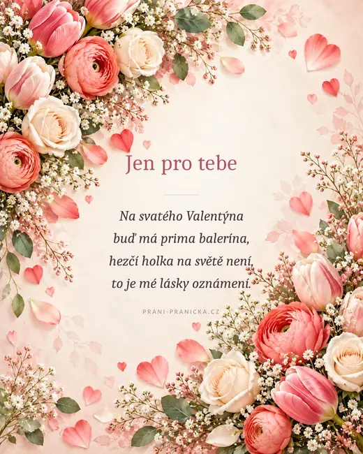 Buď má prima balerína — valentýnské přání, tulipány, pryskyřníky a krémové růže se srdíčky