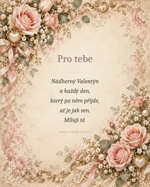 Nádherný Valentýn a každý den — valentýnské přání, vintage růže, krajka a perly na starorůžovém papíře