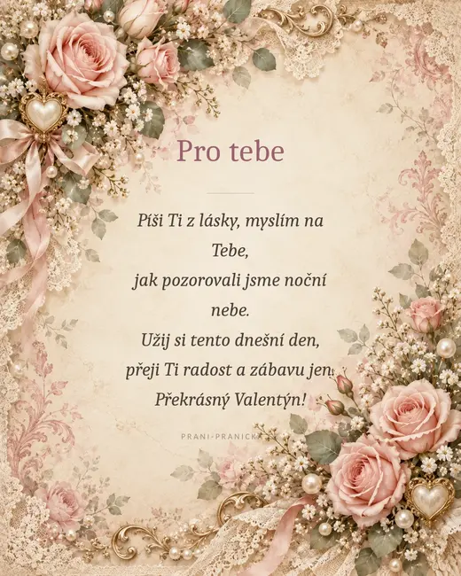 Píši Ti z lásky — valentýnské přání, vintage růže, krajka a perly na starorůžovém papíře