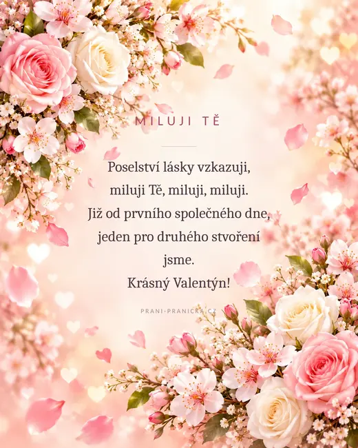 Poselství lásky vzkazuji — valentýnské přání, růžové růže a třešňové květy s padajícími okvětními lístky