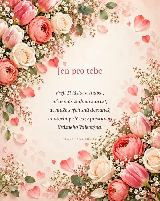 Přeji Ti lásku a radost — valentýnské přání, tulipány, pryskyřníky a krémové růže se srdíčky
