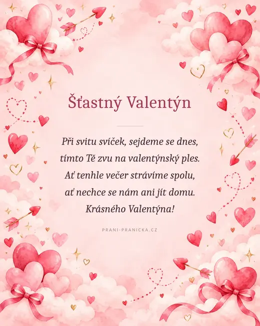Při svitu svíček — valentýnské přání, akvarelová srdíčka, mašle a šípy v růžových oblacích