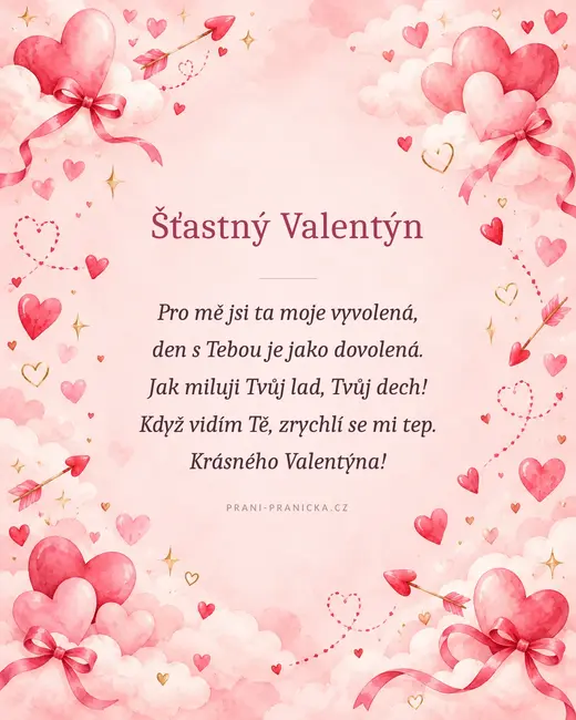 Pro mě jsi ta moje vyvolená — valentýnské přání, akvarelová srdíčka, mašle a šípy v růžových oblacích