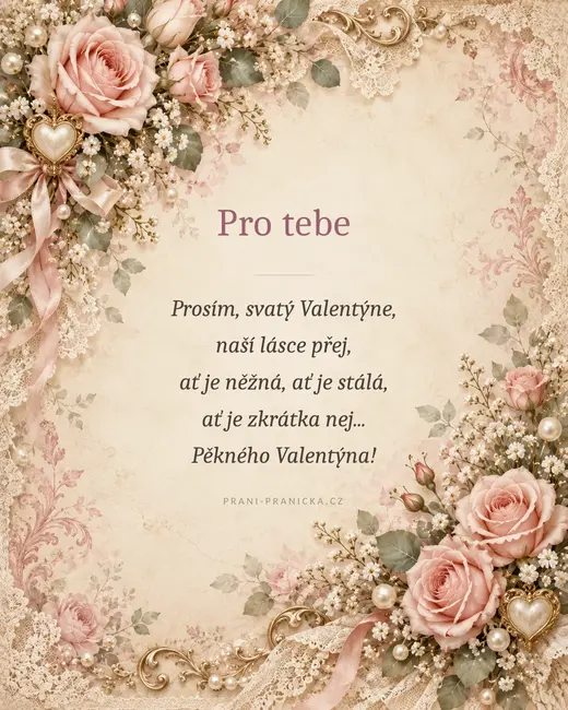 Prosím, svatý Valentýne — valentýnské přání, vintage růže, krajka a perly na starorůžovém papíře