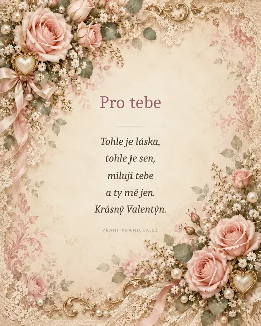 Tohle je láska — valentýnské přání, vintage růže, krajka a perly na starorůžovém papíře