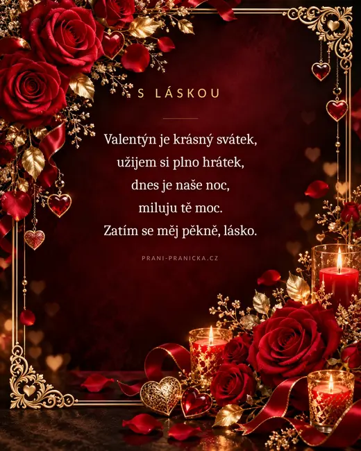 Dnes je naše noc — valentýnské přání, rudé růže, zlatý rámeček a svíce na vínovém pozadí