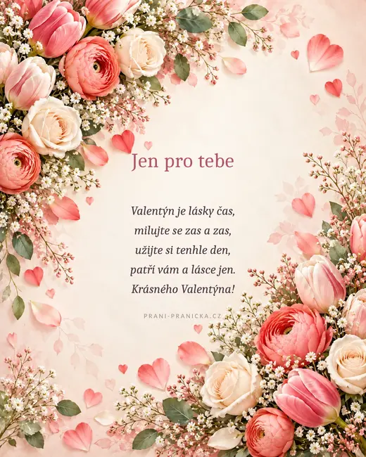Valentýn je lásky čas — valentýnské přání, tulipány, pryskyřníky a krémové růže se srdíčky
