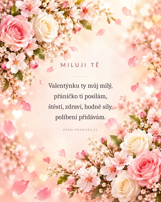 Valentýnku ty můj milý — valentýnské přání, růžové růže a třešňové květy s padajícími okvětními lístky